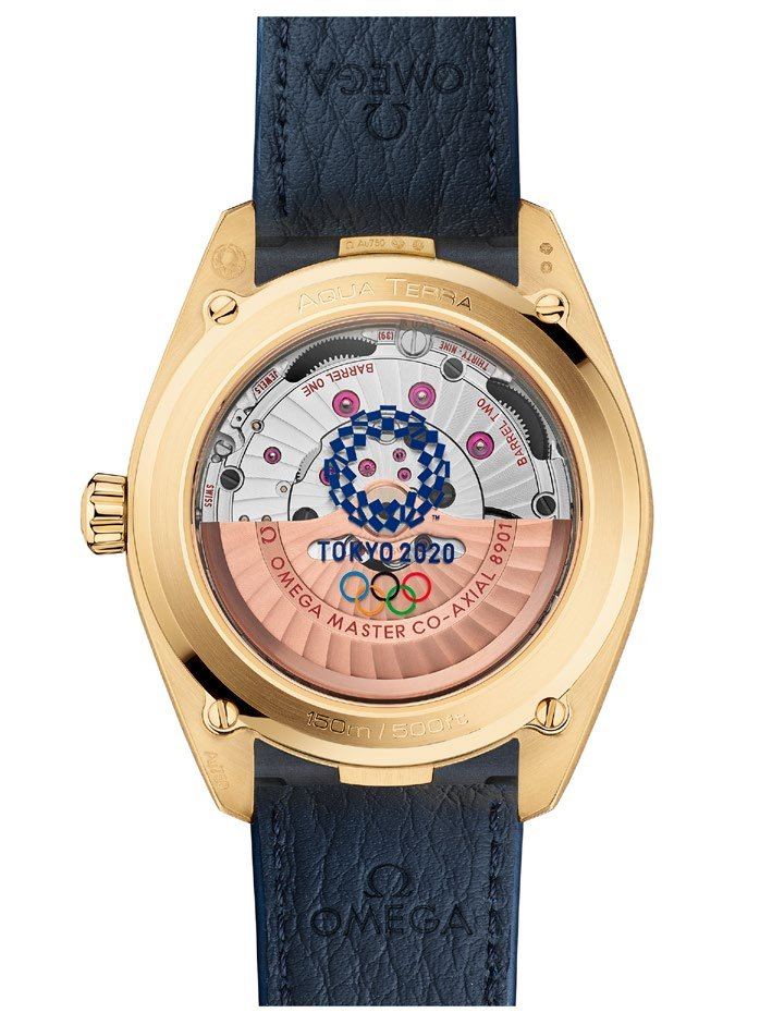 The engraved case back of Mondo’s Omega Aqua Terra Tokyo Edition