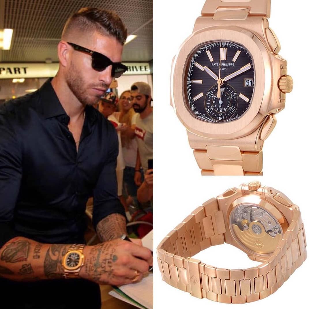 Real Madrid super defender @sergioramos is here spotted with the excellent @patekphilippe 5980 -1R Rose Gold ️️ ️ 95,000.00 📸 @superwatchman