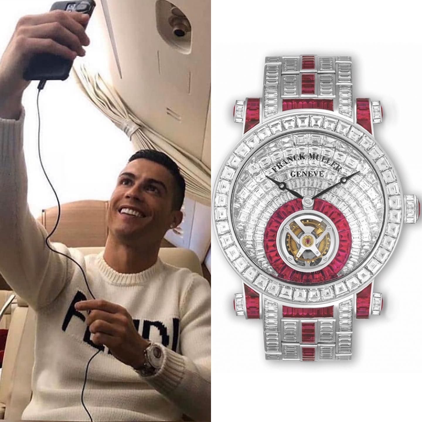 Juventus FC:s portuguese superstar @cristiano flying abow 1st class with his white gold Franck Muller Tourbillon Trumps Van Cleef & Arpels set with totally 680 diamonds ️ 1,500.000.00 📸 @superwatchman