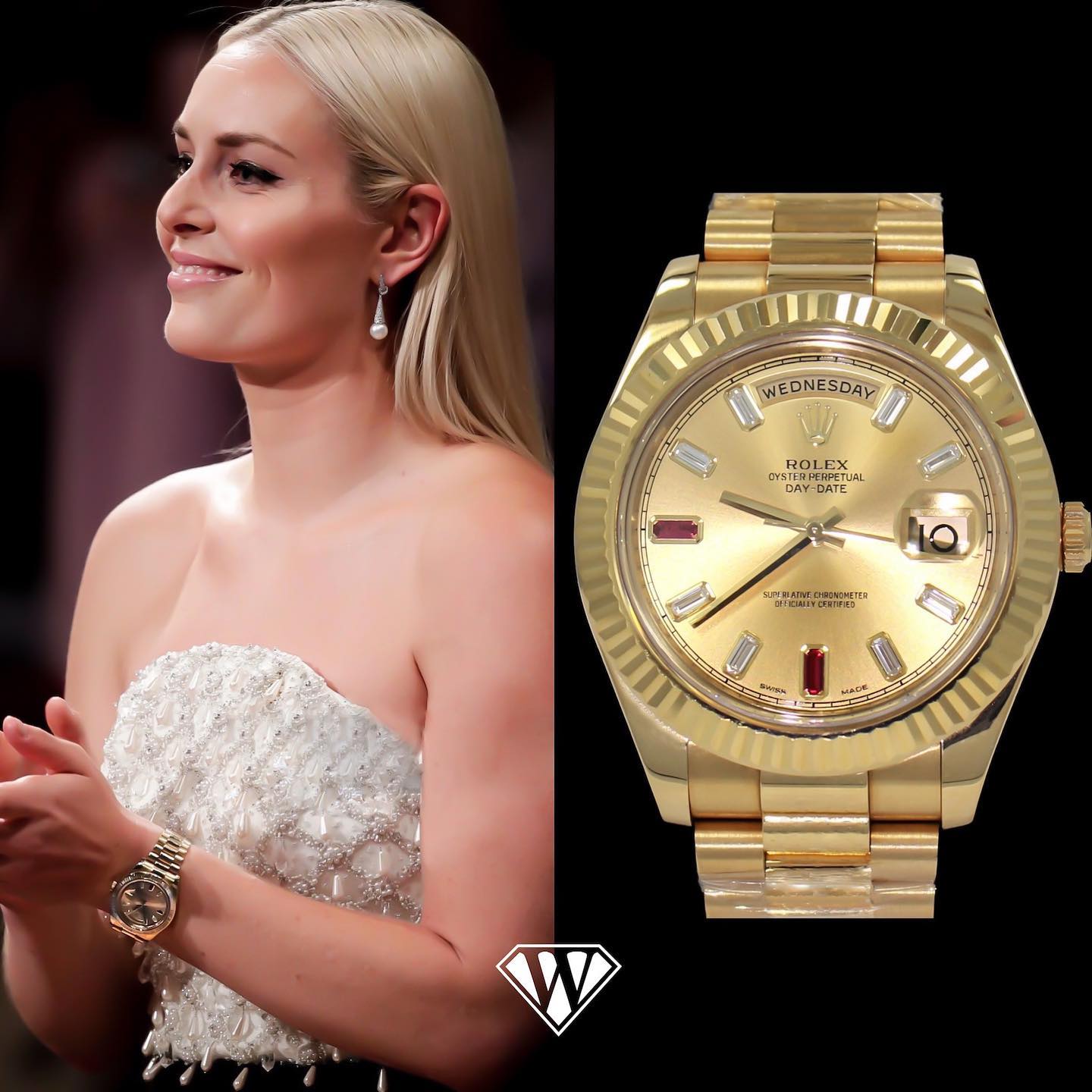 The American former World Cup alpine ski racer, Lindsey Vonn, who won four World Cup overall championships (only the second female skier to do so) is sporting an 18k yellow gold 41mm President Rolex Day-Date II with a factory set ruby and diamond dial. Price: around $50,000 dollars Watch reference: 218238