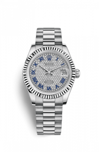 Datejust 31 White Gold Fluted / President / Paved Roman
