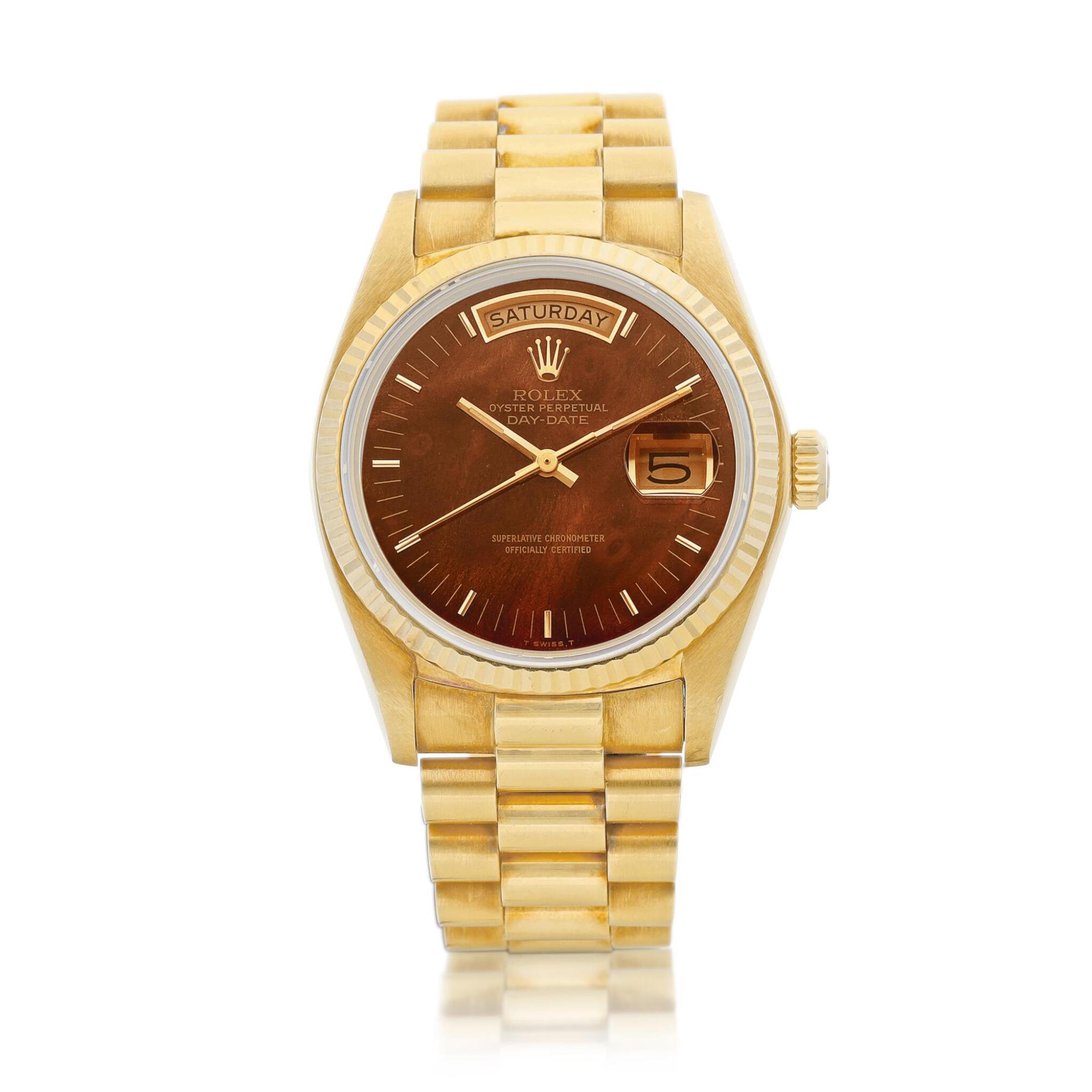 Rolex Day Date Yellow Gold Wood Dial.